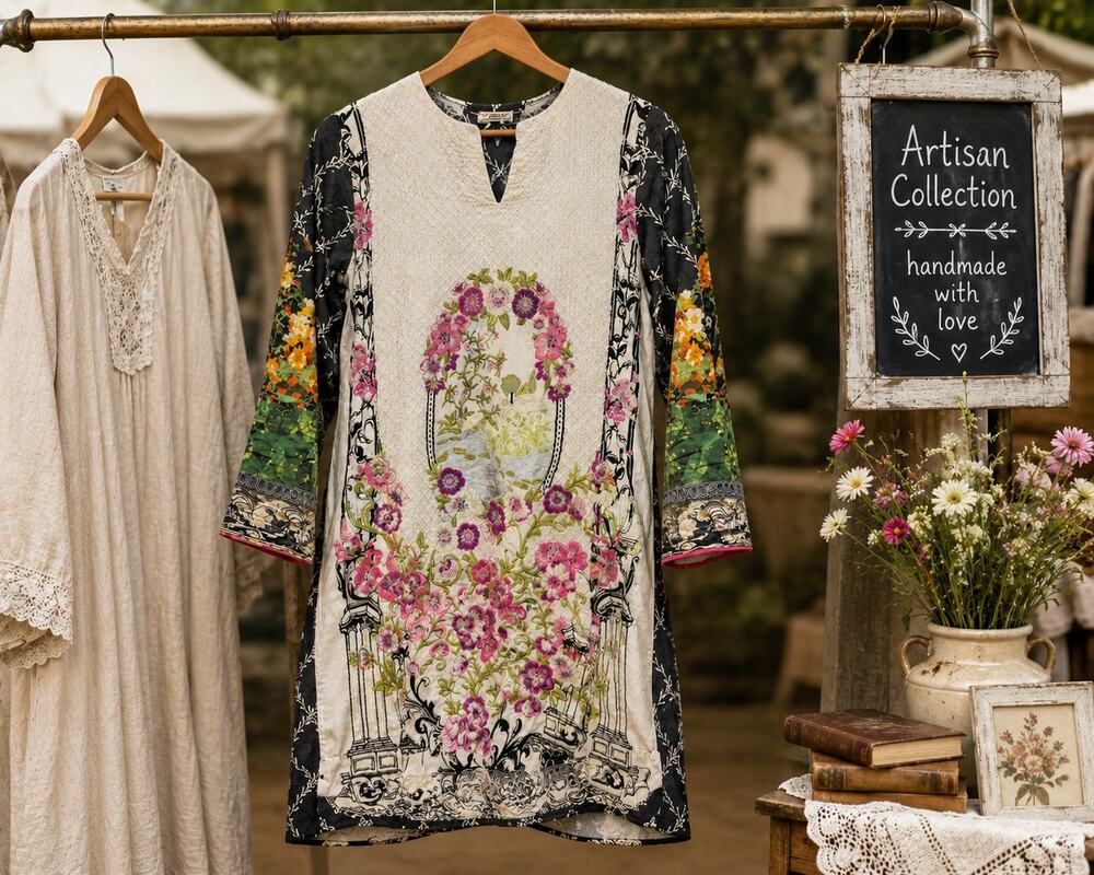 Boho Embroidered Floral Tunic Dress Art Print Long Sleeve Oversized